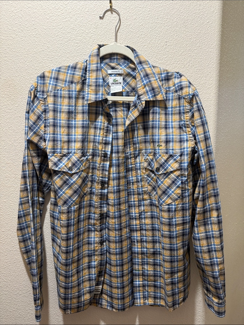 Lacoste Yellow and Blue Plaid Button-Down Shirt